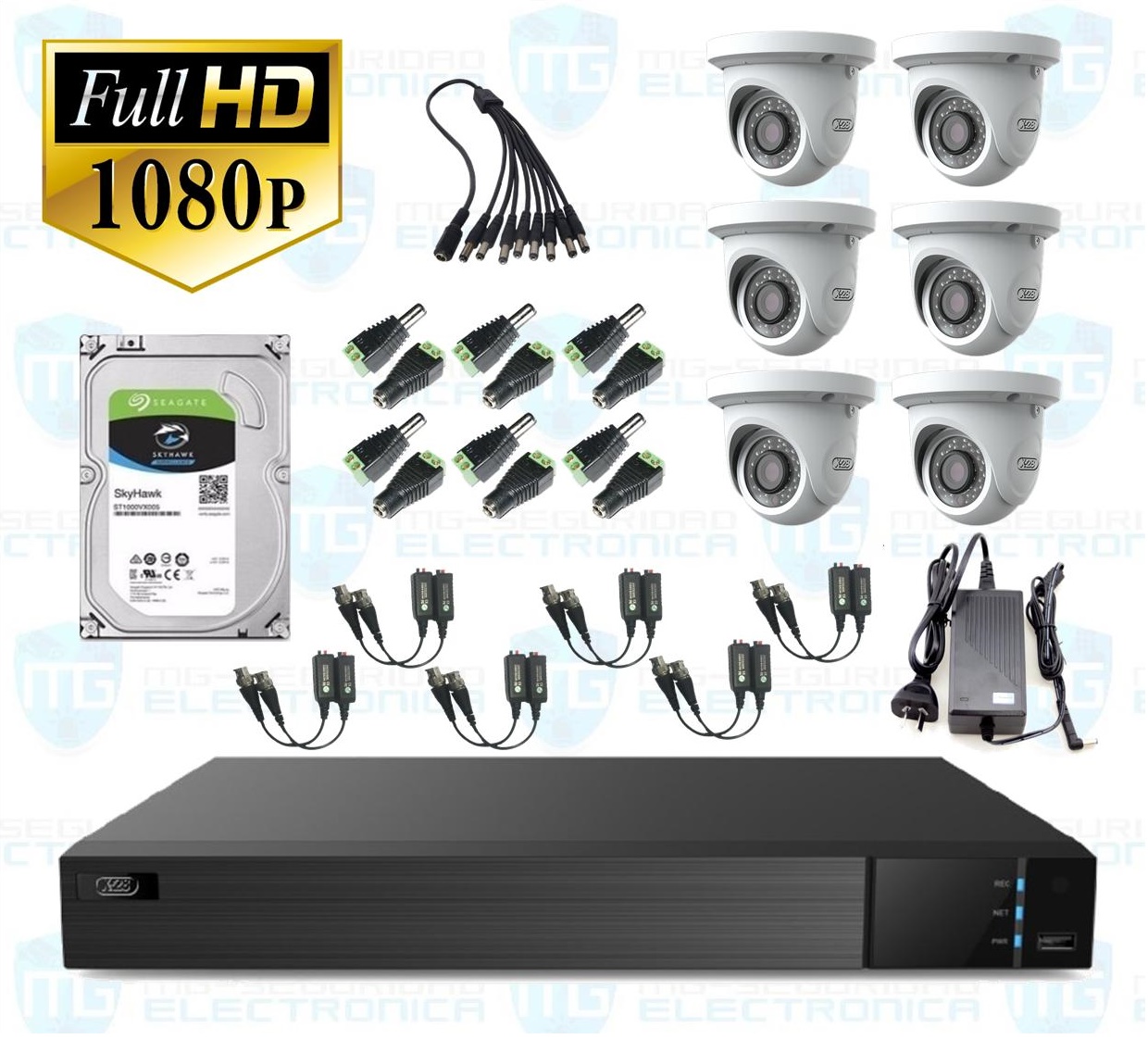 DVR, disco 2 TB, 6 cámaras minidomo, balunes, fuente centralizada y conectores.